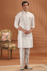 Light Rose Pink Silk Embroidered Sequin Kurta Pajama with Jacket